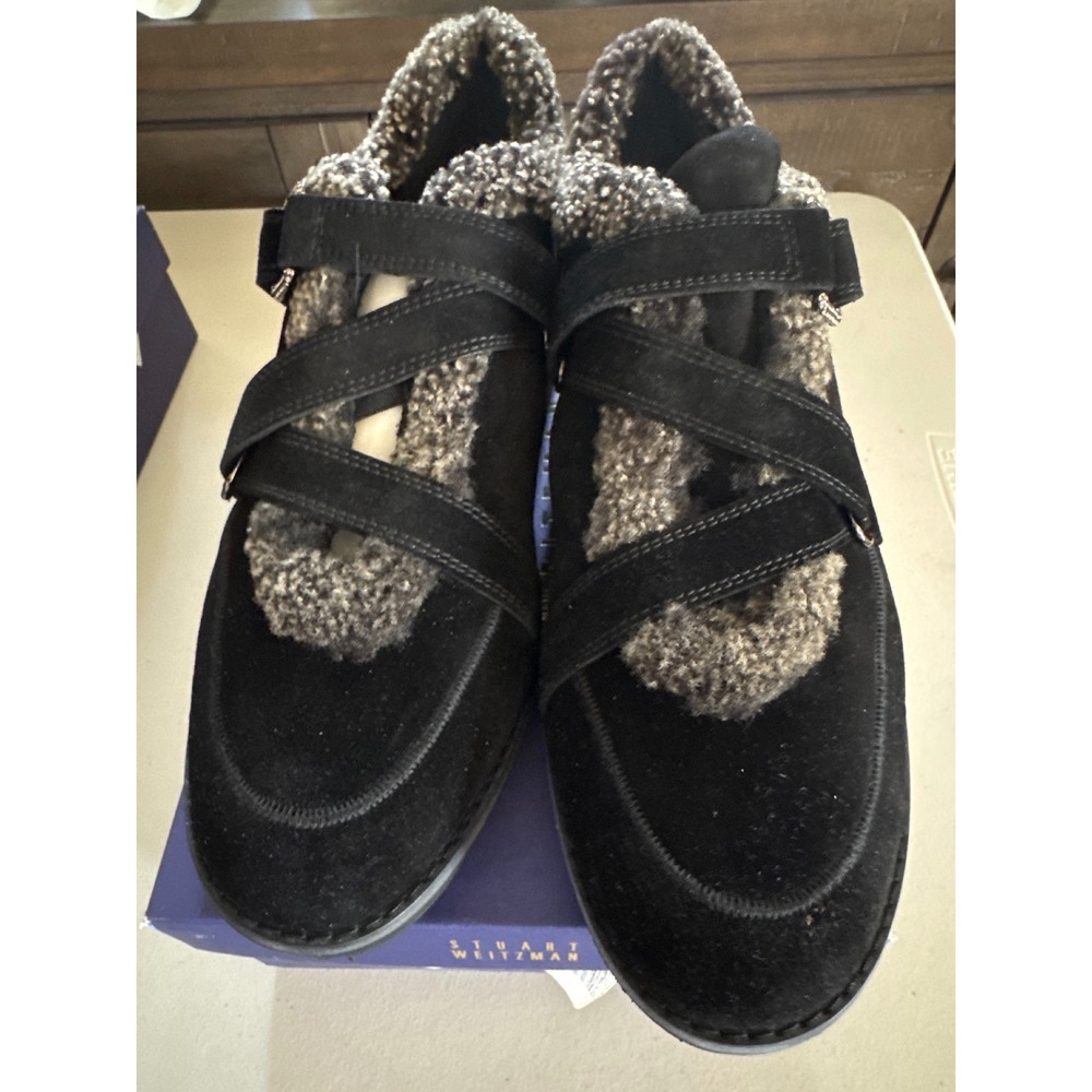 Stuart Weitzman Black Suede Faux Shearling Crystal Buckle Sneakers Spain  SZ 11